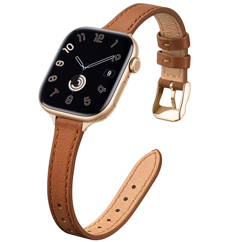 STIROLL Slim Leather Bands Compatible with Apple Watch Band 38mm 40mm 41mm 42mm(Series 11 10), Top Grain Leather Watch Thin Wristband for iWatch SE 9 8 7 6 5 4 3 2 1 (Brown Gold) - Image 1
